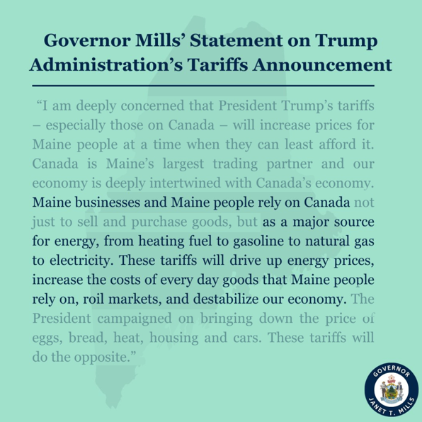 Governor Mills’ Statement on Trump Administration’s Tariffs Announcement