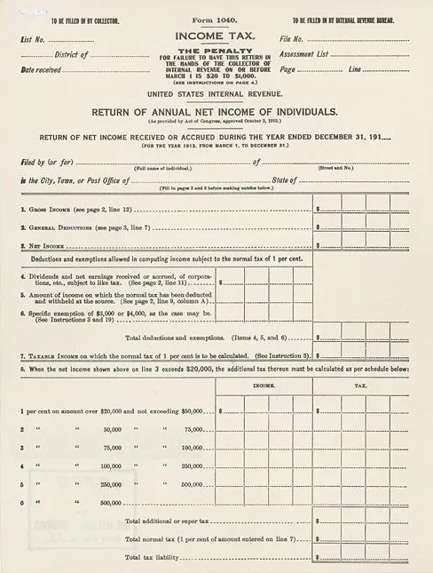 The picture shows Page 1 of the first International Revenue Bureau Form 1040 ( from the National Archives, General Records of the Department of the Treasury ).